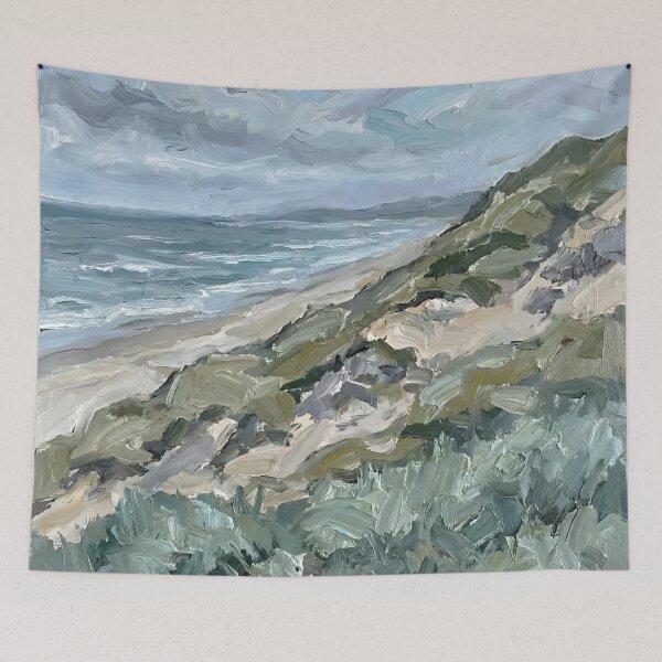 Item preview, Impressionist Dune Beach Ocean Poster Moody Coastal Landscape, Sand Dunes Seascape Wall Art Print, Textured Green Gray Waves Canvas Decor designed and sold by AbstractAuraArt.