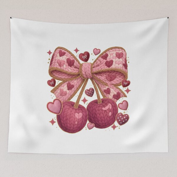 Artikelvorschau, Gehäkelte Valentinstags-Kirsche aus Kunstgarn, verspielte Schleife, grob gestrickte Herzen, trendige Glitzer-Liebe entworfen und verkauft von DesignDenDo ⭐⭐⭐⭐⭐.