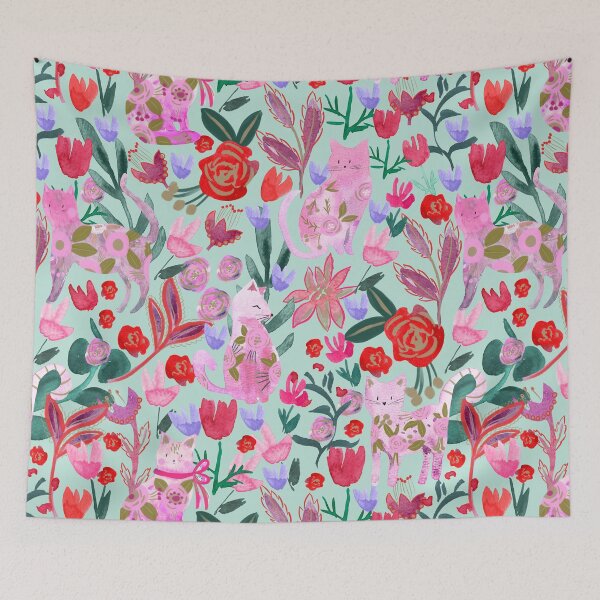 Item preview, Folksy Watercolor Cats &Bold Florals - Eclectic Craft Maximalism look designed and sold by aneladesigns.