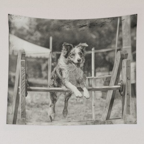 Item preview, A lively Australian Shepherd dog weaving through an agility course, Dogs in Motion designed and sold by CDC40.