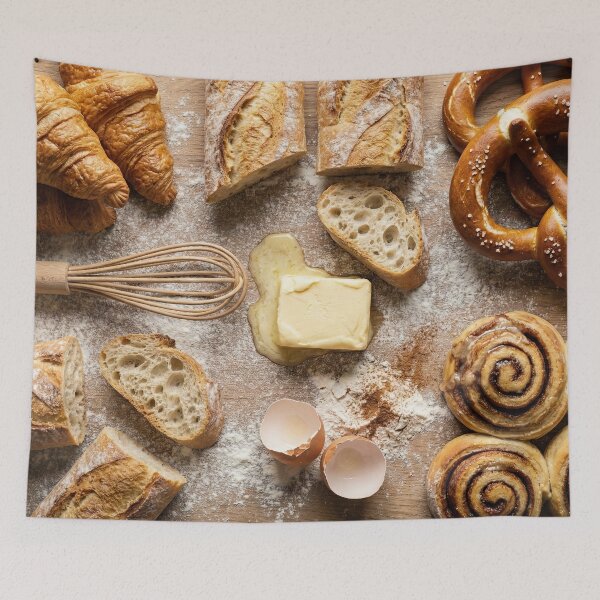 Item preview, Rustic Baking Scene Flat Lay with Breads and Pastries designed and sold by SavinMercantile.