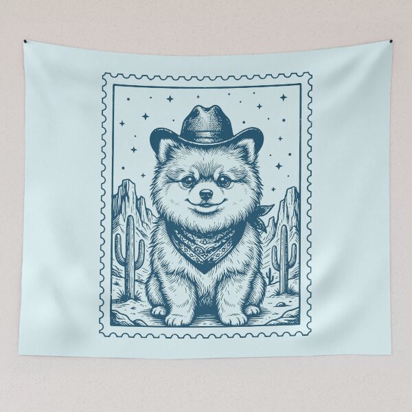 Item preview, Cowboy Pomeranian Puppy Stamp Style Retro Western designed and sold by Y-Vibes.