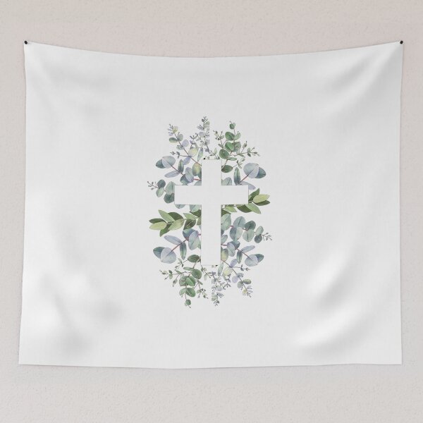 Item preview, white cross , in front of dried flowers designed and sold by fluidwatercolor.