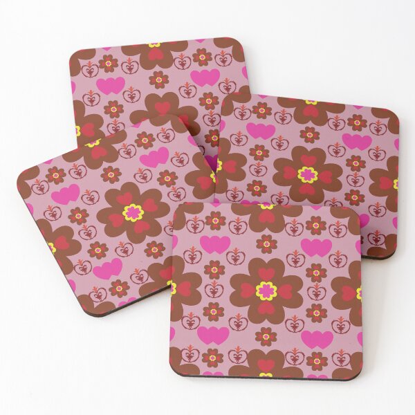 Item preview, Retro Floral Heart Pattern – Pink Brown Vintage Folk Art Style designed and sold by OIL Pattern Design .