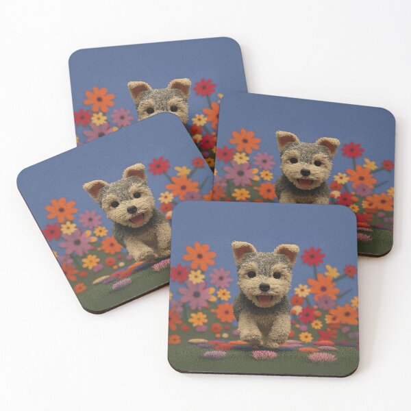 Item preview, Happy Knitted Yorkshire Terrier Puppy Running Through Flowers designed and sold by skibreck.