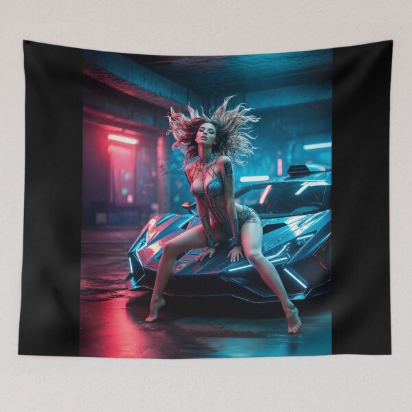 Item preview, Sexy Neon Cyberpunk Female Model with Futuristic Hypercar designed and sold by Nico Simon Princely.
