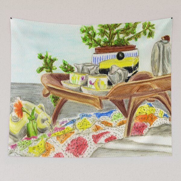 Item preview, Retro still life with wooden bed table tray, tea things, phone, flower patterned glasses, plant, orange flower and crochet blanket at Eddisbury Artists, Castle Park Arts Centre, Frodsham designed and sold by LymphomaLass.
