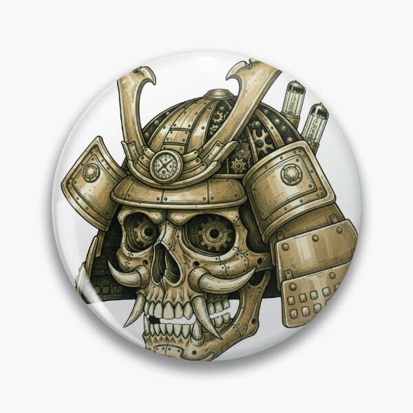 Item preview, Steampunk Samurai Skull Illustration – Mechanical Skull with Gears, Dials, and Armor Plating designed and sold by unthinkabletees.