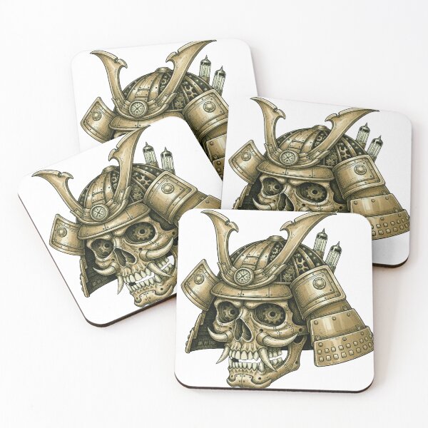 Item preview, Steampunk Samurai Skull Illustration – Mechanical Skull with Gears, Dials, and Armor Plating designed and sold by unthinkabletees.