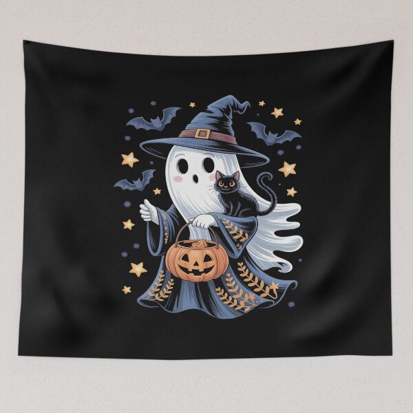 Item preview, Retro Halloween Blue Denim Ghost Floral Patchwork Black Cat designed and sold by countntenov.