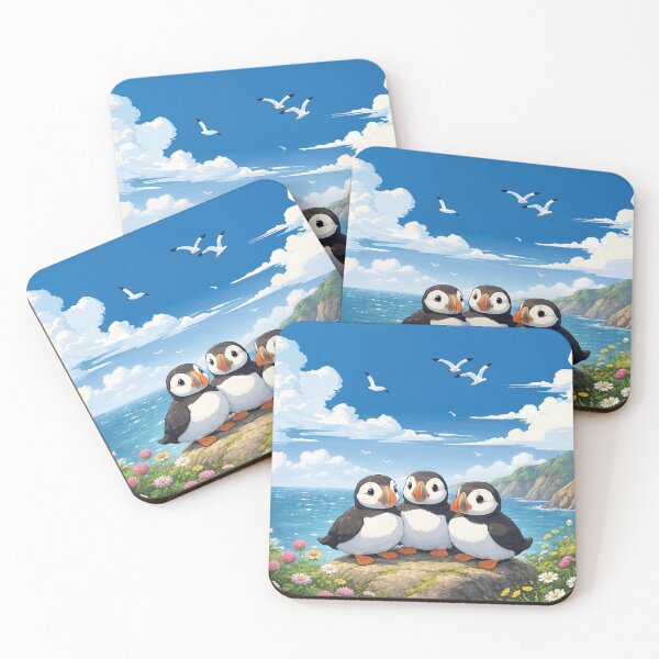 Item preview, Modern Cartoon Digital Art of Group of Three Puffins on a Rock Together designed and sold by katelizspra.