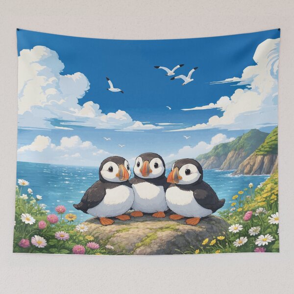 Item preview, Modern Cartoon Digital Art of Group of Three Puffins on a Rock Together designed and sold by katelizspra.