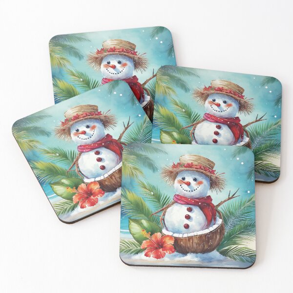 Item preview, Happy Tropical snowman on the beach, winter season decor, snowflake holiday season landscape watercolour painting, hibiscus, palm leaves  designed and sold by navitalidesign.