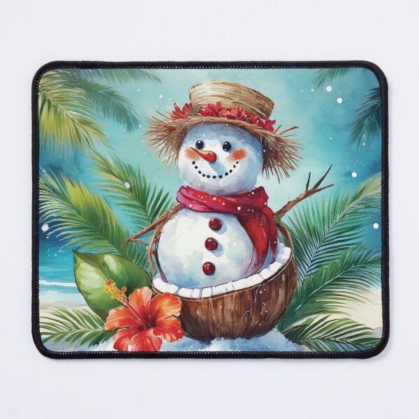 Item preview, Happy Tropical snowman on the beach, winter season decor, snowflake holiday season landscape watercolour painting, hibiscus, palm leaves designed and sold by navitalidesign.
