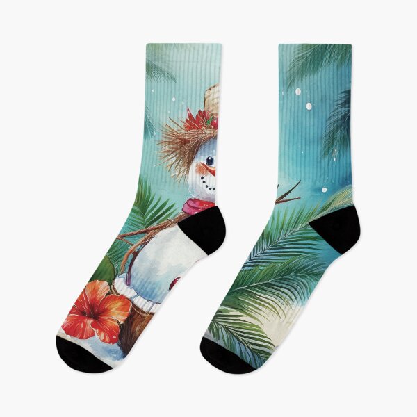 Item preview, Happy Tropical snowman on the beach, winter season decor, snowflake holiday season landscape watercolour painting, hibiscus, palm leaves  designed and sold by navitalidesign.