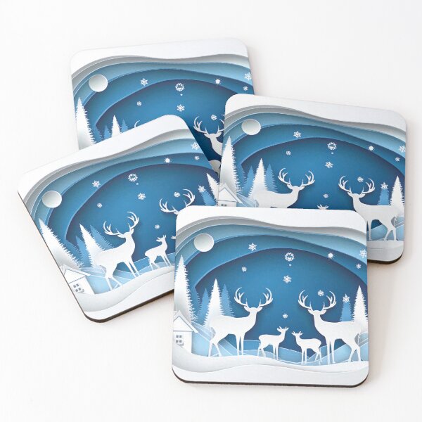 Item preview, 3D Deer Family Festive holiday snowflakes, cool blue paper cutouts, minimalist blue colour palette, holiday winter landscape, winter holiday season decor  designed and sold by navitalidesign.