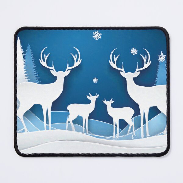 Item preview, 3D Deer Family Festive holiday snowflakes, cool blue paper cutouts, minimalist blue colour palette, holiday winter landscape, winter holiday season decor  designed and sold by navitalidesign.