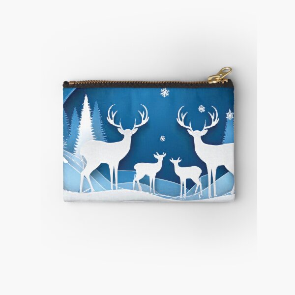 Item preview, 3D Deer Family Festive holiday snowflakes, cool blue paper cutouts, minimalist blue colour palette, holiday winter landscape, winter holiday season decor  designed and sold by navitalidesign.