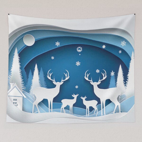 Item preview, 3D Deer Family Festive holiday snowflakes, cool blue paper cutouts, minimalist blue colour palette, holiday winter landscape, winter holiday season decor  designed and sold by navitalidesign.