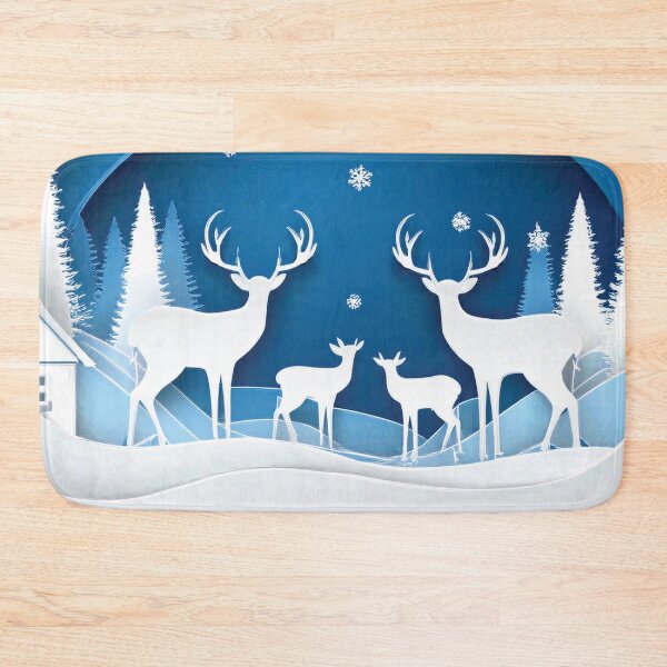Item preview, 3D Deer Family Festive holiday snowflakes, cool blue paper cutouts, minimalist blue colour palette, holiday winter landscape, winter holiday season decor  designed and sold by navitalidesign.