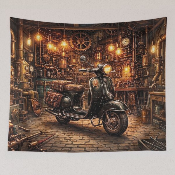Item preview, Black Moped in a Steampunk Workshop designed and sold by Random Designs.