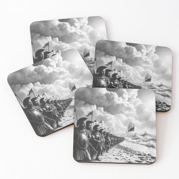 Item preview, Roman Legion Soldiers on Stormy Beach with Ancient Ship - Black and White Epic Art designed and sold by EllDAV777.