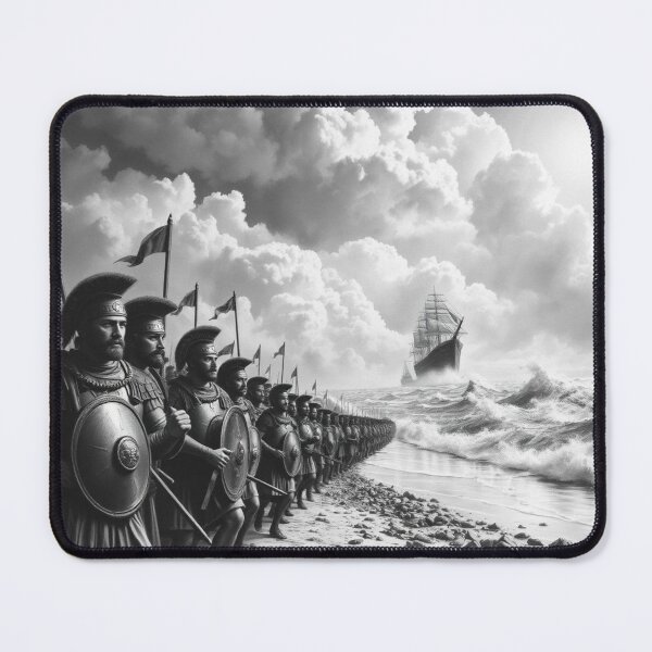 Item preview, Roman Legion Soldiers on Stormy Beach with Ancient Ship - Black and White Epic Art designed and sold by EllDAV777.