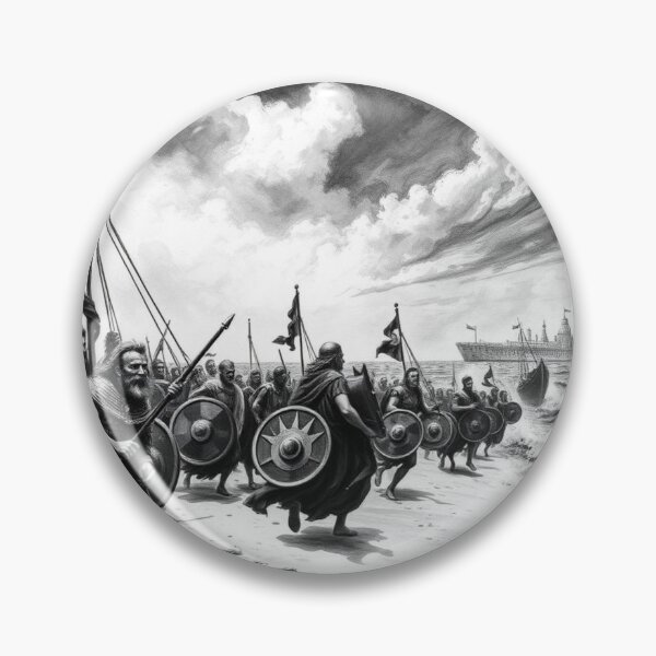 Item preview, Anachronistic Ancient Warriors Beach Landing on Modern City - Epic Fantasy Art Print designed and sold by EllDAV777.
