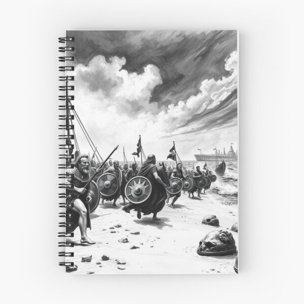 Item preview, Anachronistic Ancient Warriors Beach Landing on Modern City - Epic Fantasy Art Print designed and sold by EllDAV777.
