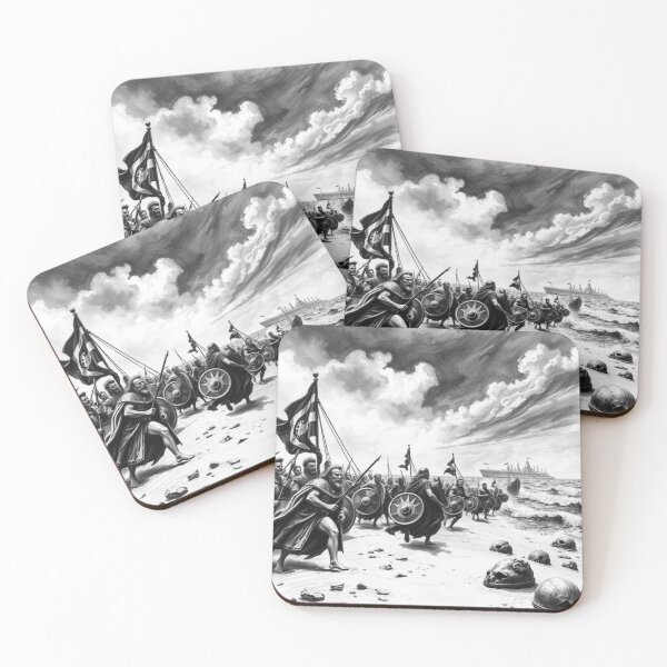 Item preview, Anachronistic Ancient Warriors Beach Landing on Modern City - Epic Fantasy Art Print designed and sold by EllDAV777.