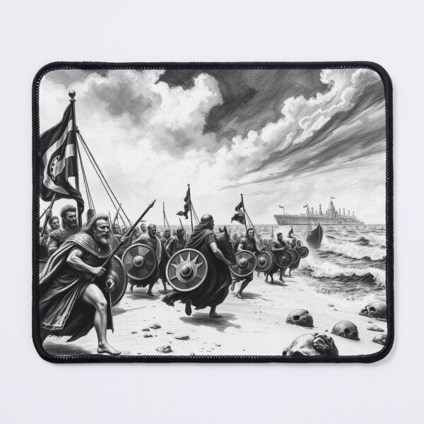 Item preview, Anachronistic Ancient Warriors Beach Landing on Modern City - Epic Fantasy Art Print designed and sold by EllDAV777.