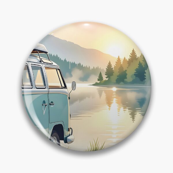 Item preview, A cozy, vintage camper van parked beside a tranquil lake at dawn. designed and sold by Ponted.