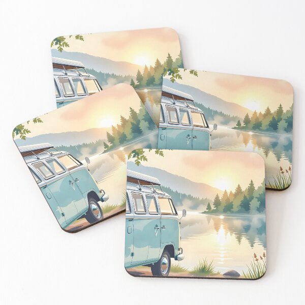 Item preview, A cozy, vintage camper van parked beside a tranquil lake at dawn. designed and sold by Ponted.