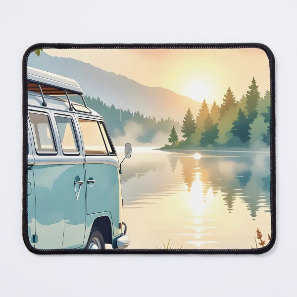Item preview, A cozy, vintage camper van parked beside a tranquil lake at dawn. designed and sold by Ponted.