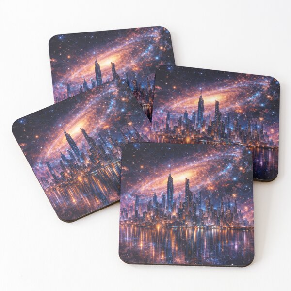 Item preview, Cosmic Galaxy City Wall Art – Futuristic Space City Metal Print designed and sold by RevieusaR.