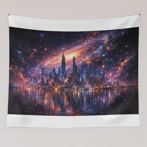 Item preview, Cosmic Galaxy City Wall Art – Futuristic Space City Metal Print designed and sold by RevieusaR.