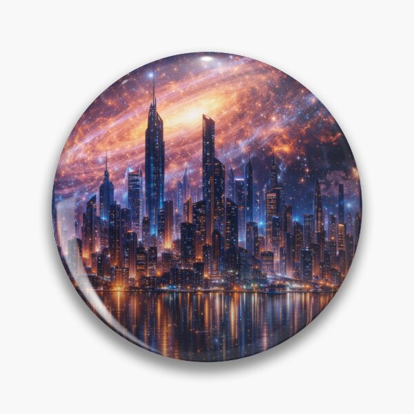 Item preview, Cosmic Galaxy City Wall Art – Futuristic Space City Metal Print designed and sold by RevieusaR.