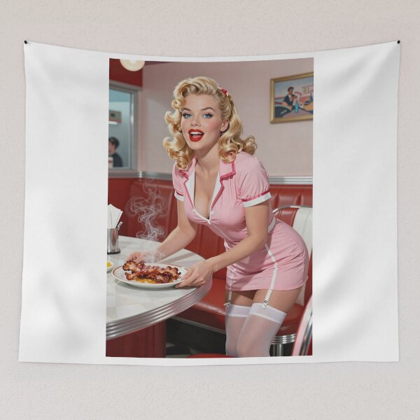 Item preview, Blonde waitress serving bacon at diner designed and sold by CathryneDelamort.