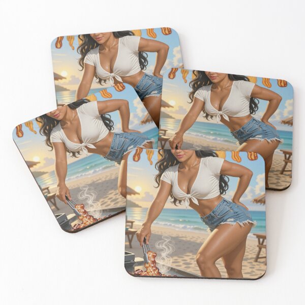 Item preview, Shanti cooks bacon beachside in denim shorts designed and sold by CathryneDelamort.