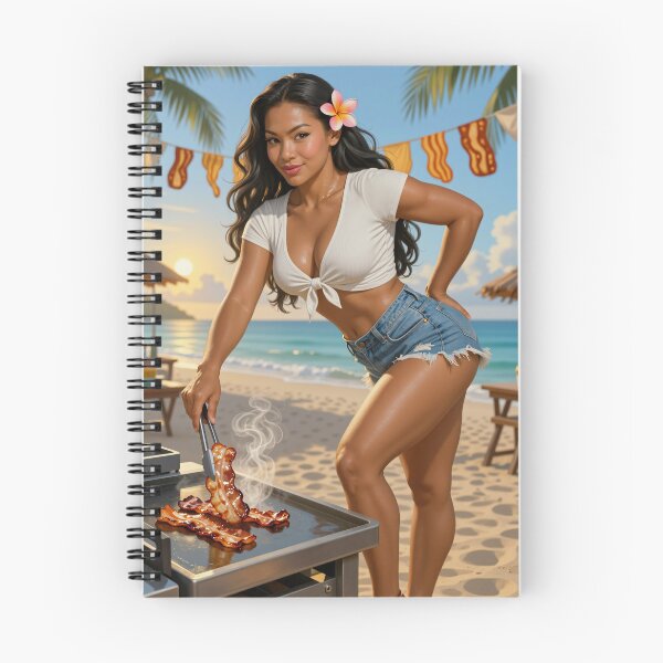 Item preview, Shanti cooks bacon beachside in denim shorts designed and sold by CathryneDelamort.