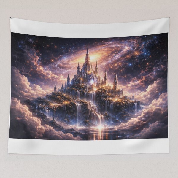 Item preview, Celestial Castle Wall Art – Fantasy Cosmic Castle Metal Print designed and sold by RevieusaR.