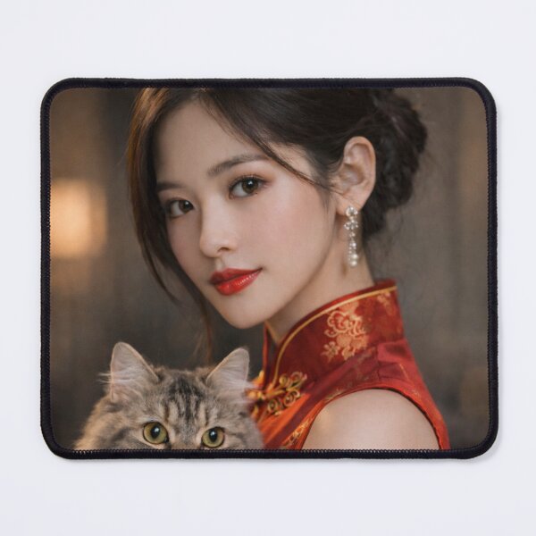 Item preview, Elegant Lady in Red Cheongsam with Cat designed and sold by ASMRUniverse.