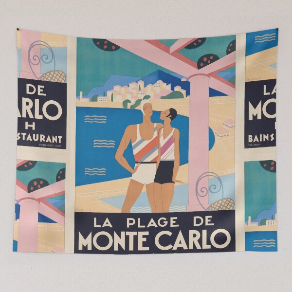 Item preview, La Plage De Stylized Beach Couple Coastal Town Travel Poster : Art Deco designed and sold by artofuniverse.