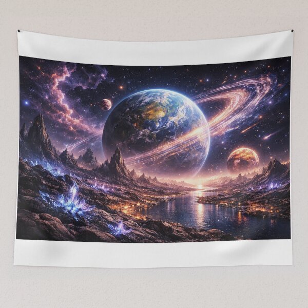 Item preview, Alien Planet View Wall Art – Cosmic Landscape From Another World Metal Print designed and sold by RevieusaR.