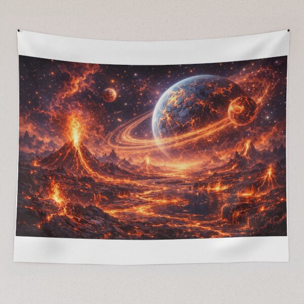 Item preview, Lava Alien Planet Wall Art – Volcanic Ringed World Metal Print designed and sold by RevieusaR.
