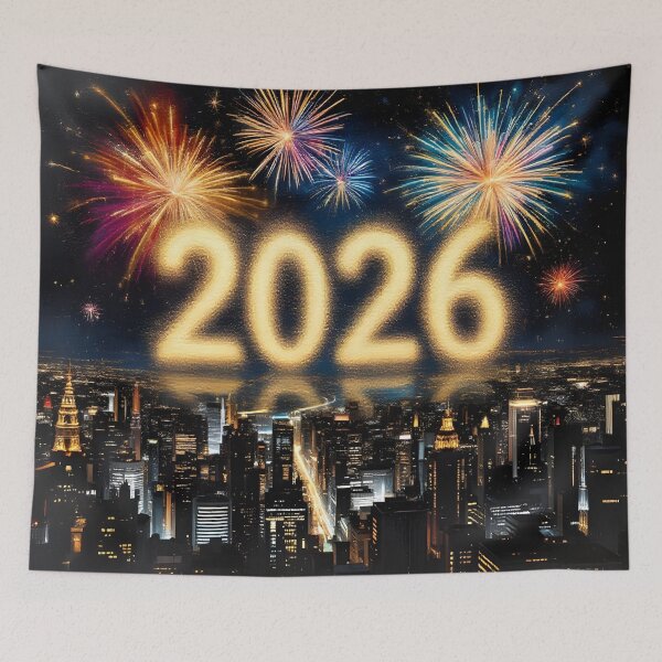 Item preview, Happy New Year 2026 Fireworks Gold Celebration Over City designed and sold by DreamyWallVibes.
