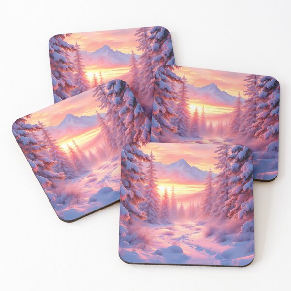 Item preview, Magical Snowy Winter Forest Sunrise Landscape – Pink Sunset Evergreen Path Fantasy Wall Art designed and sold by DreamyWallVibes.