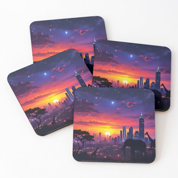 Item preview, Surreal African Safari City Sunset Fantasy Landscape – Elephant Giraffe Silhouette Skyline Wall Art designed and sold by DreamyWallVibes.