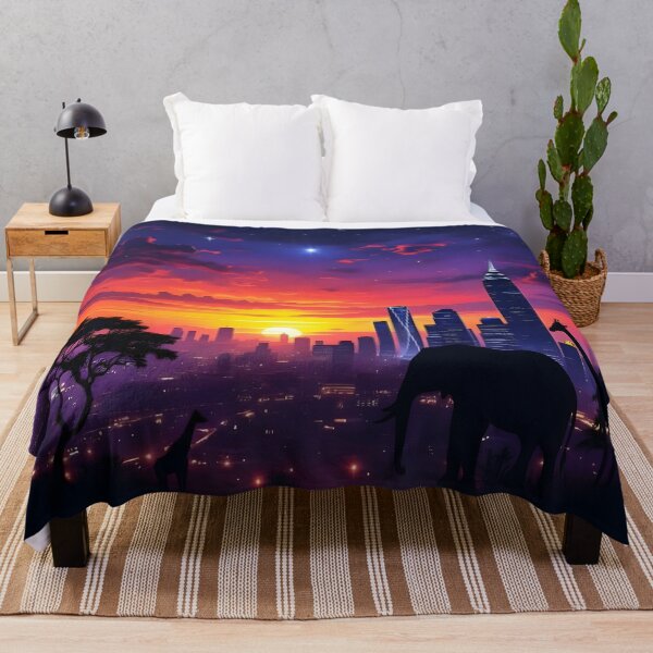 Item preview, Surreal African Safari City Sunset Fantasy Landscape – Elephant Giraffe Silhouette Skyline Wall Art designed and sold by DreamyWallVibes.