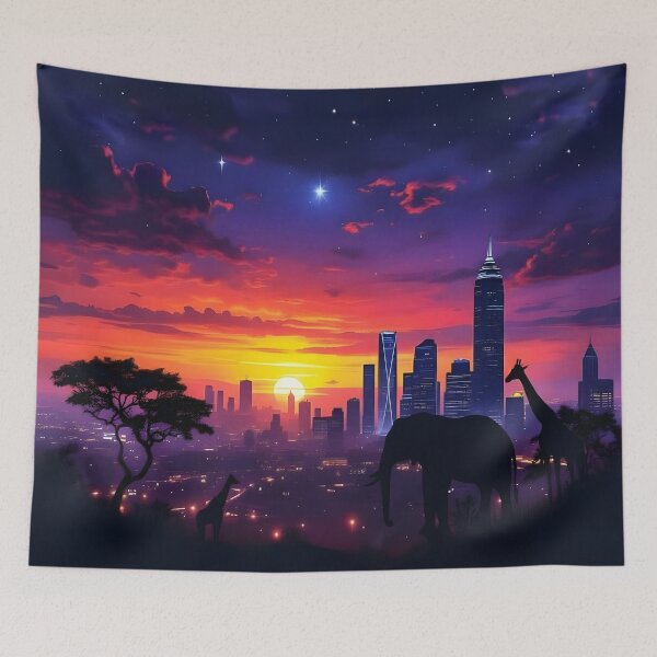 Item preview, Surreal African Safari City Sunset Fantasy Landscape – Elephant Giraffe Silhouette Skyline Wall Art designed and sold by DreamyWallVibes.